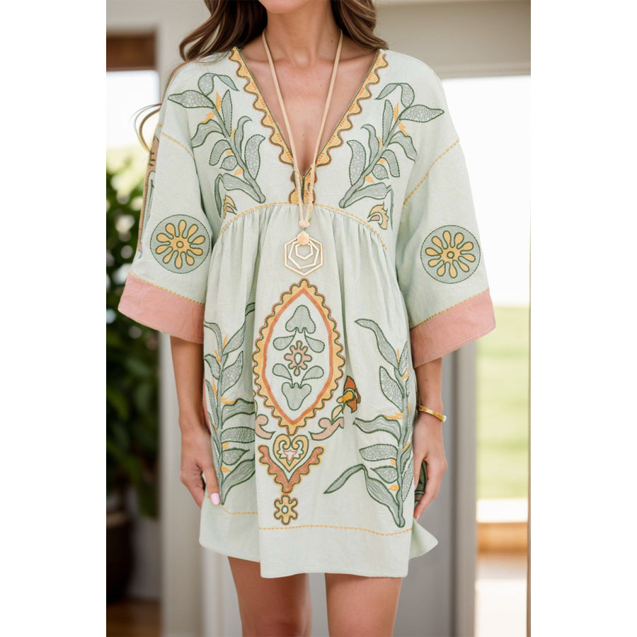 Printed V-Neck Three-Quarter Sleeve Mini Dress Apparel and Accessories