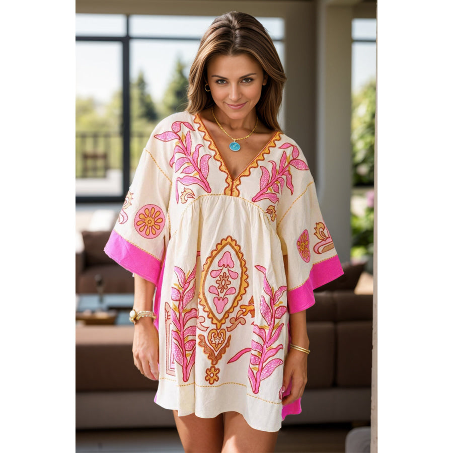 Printed V-Neck Three-Quarter Sleeve Mini Dress Apparel and Accessories