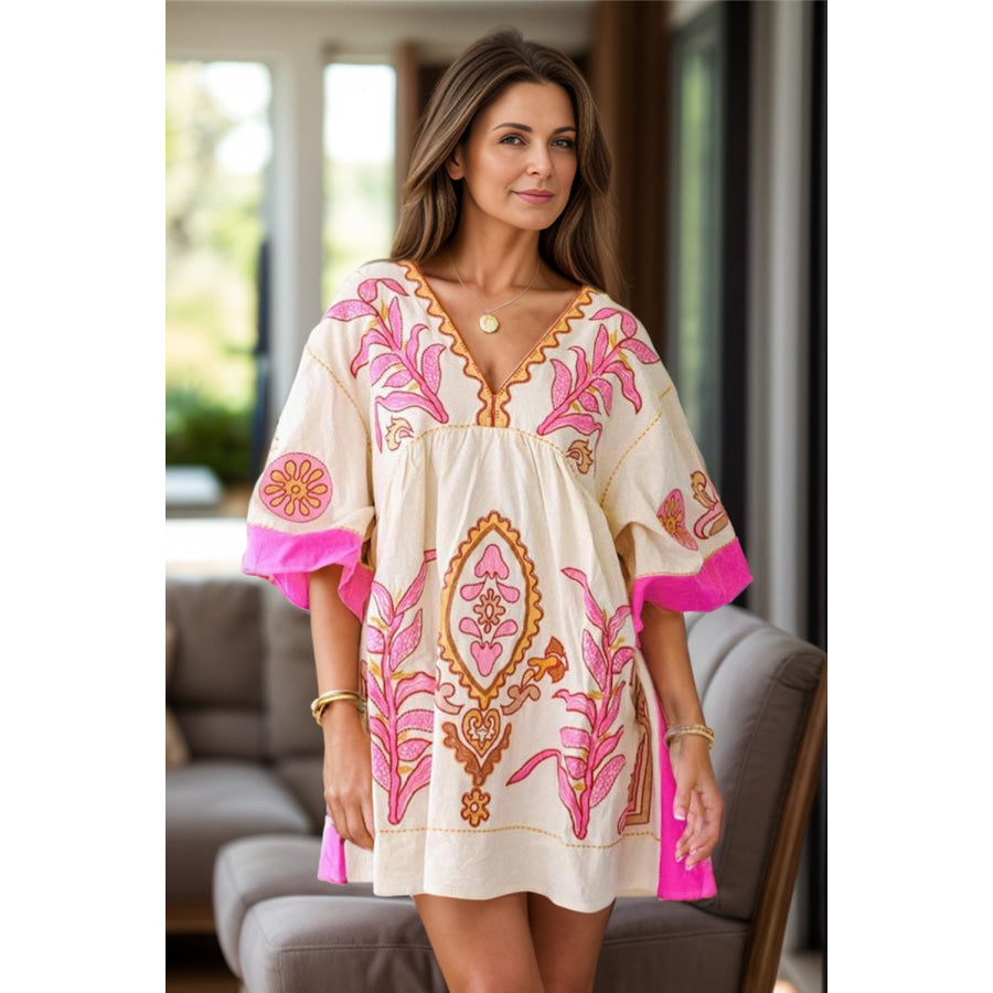 Printed V-Neck Three-Quarter Sleeve Mini Dress Hot Pink / S Apparel and Accessories