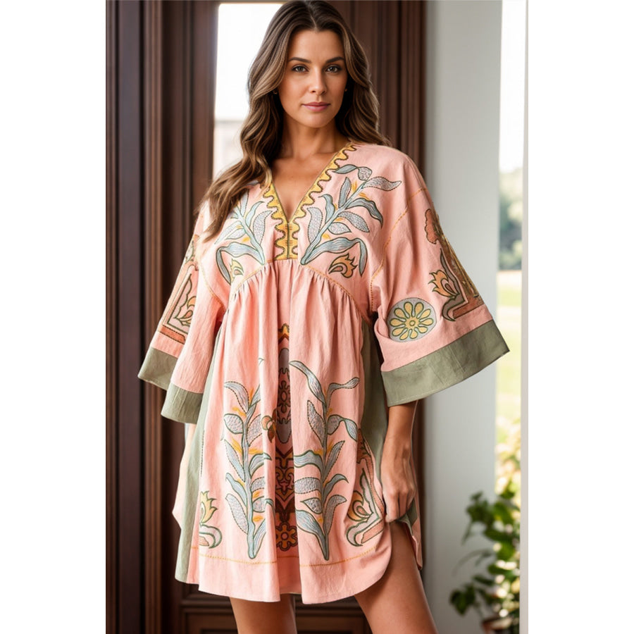 Printed V-Neck Three-Quarter Sleeve Mini Dress Pale Blush / S Apparel and Accessories