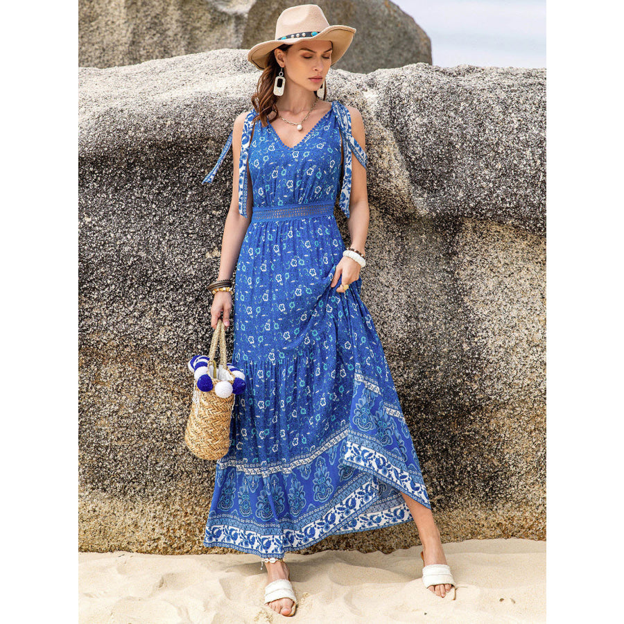 Printed V-Neck Tie Shoulder Dress Apparel and Accessories