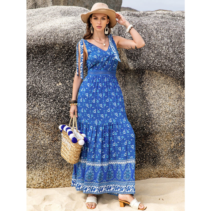 Printed V-Neck Tie Shoulder Dress Apparel and Accessories