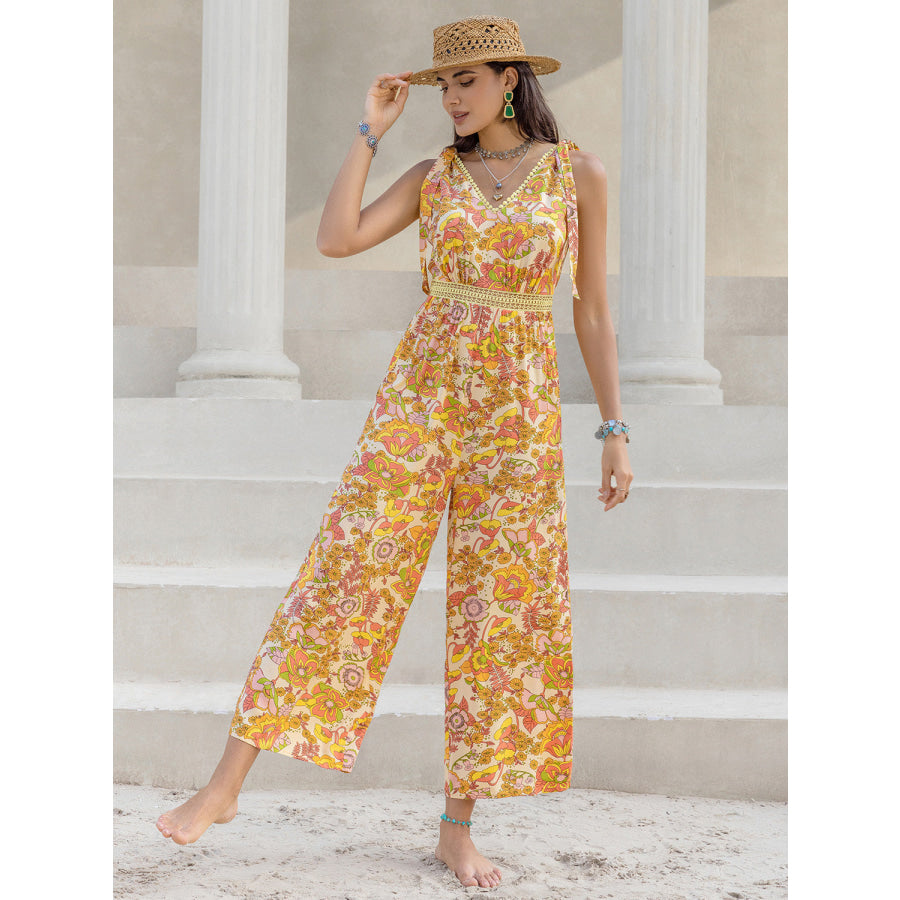 Printed V - Neck Tie Shoulder Jumpsuit Multicolor / S Apparel and Accessories
