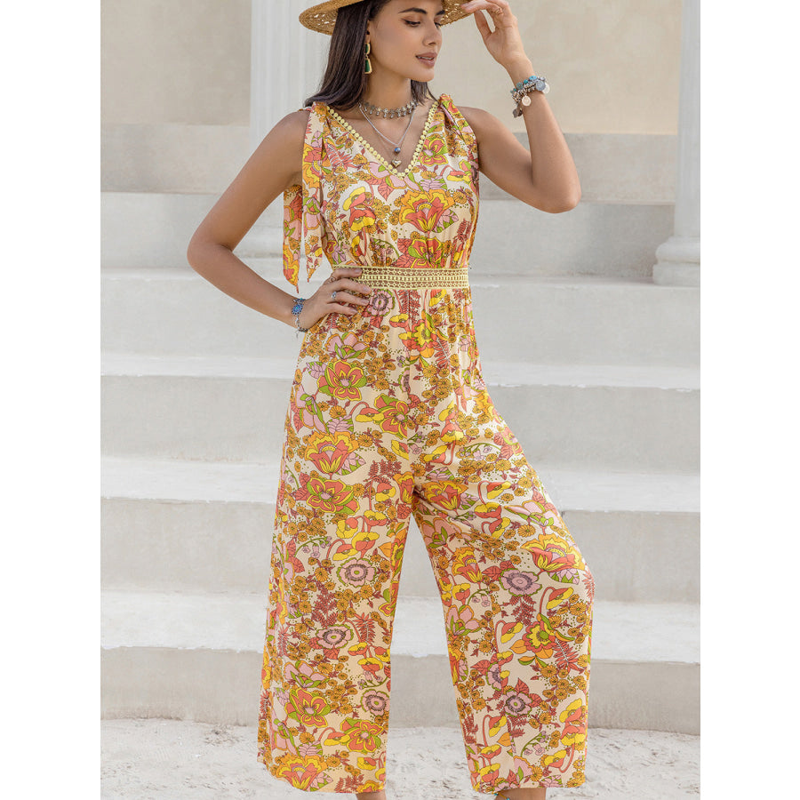 Printed V - Neck Tie Shoulder Jumpsuit Apparel and Accessories