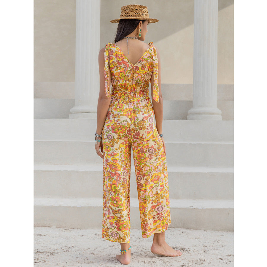Printed V - Neck Tie Shoulder Jumpsuit Apparel and Accessories