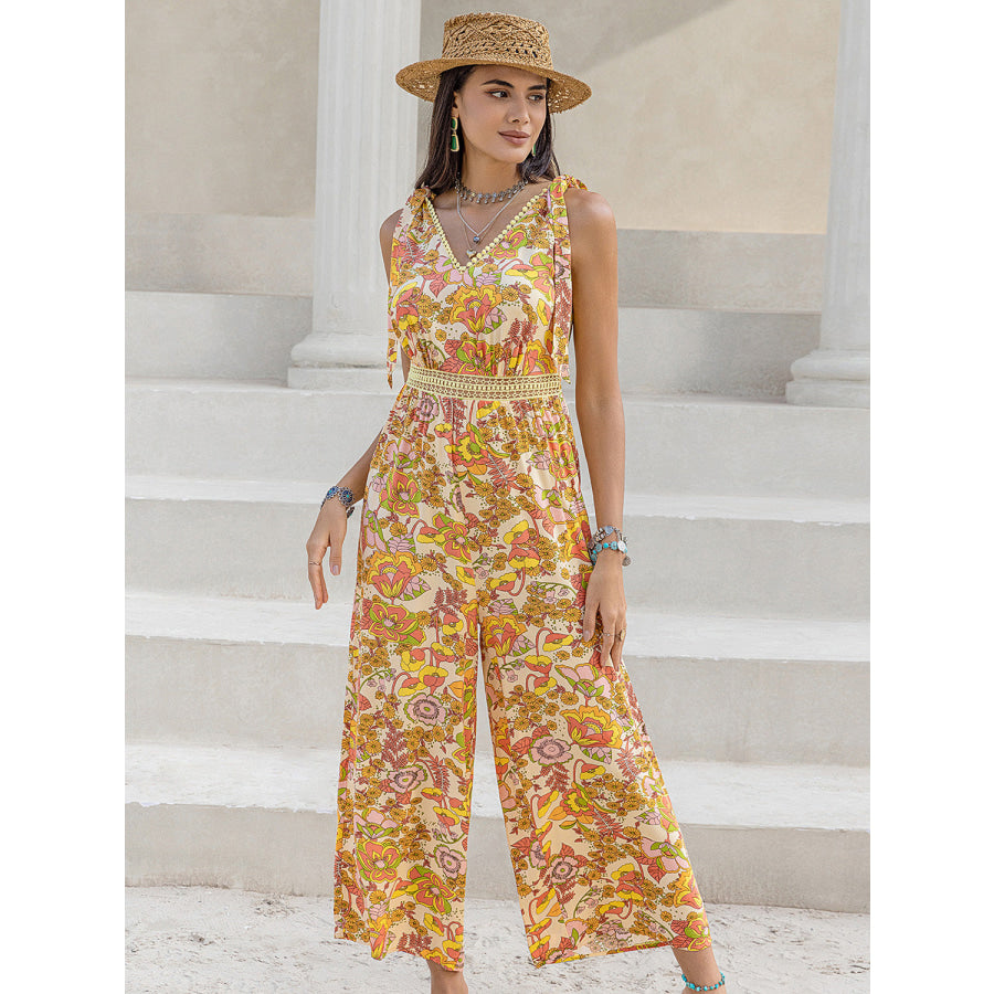 Printed V - Neck Tie Shoulder Jumpsuit Apparel and Accessories