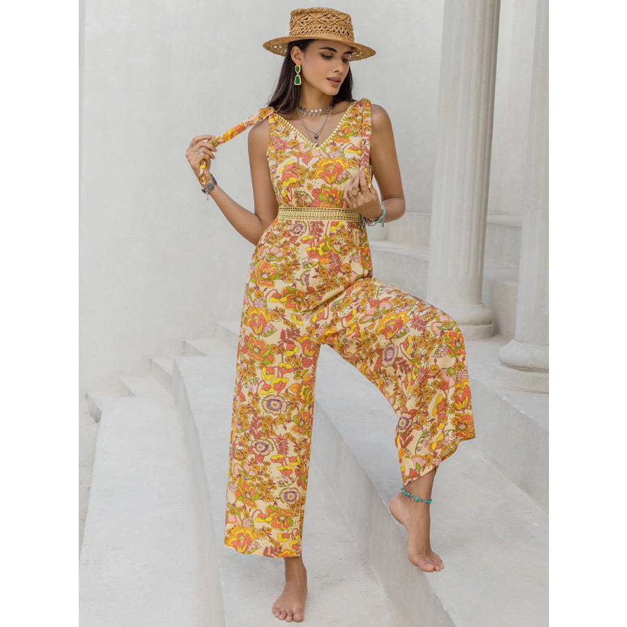 Printed V - Neck Tie Shoulder Jumpsuit Apparel and Accessories