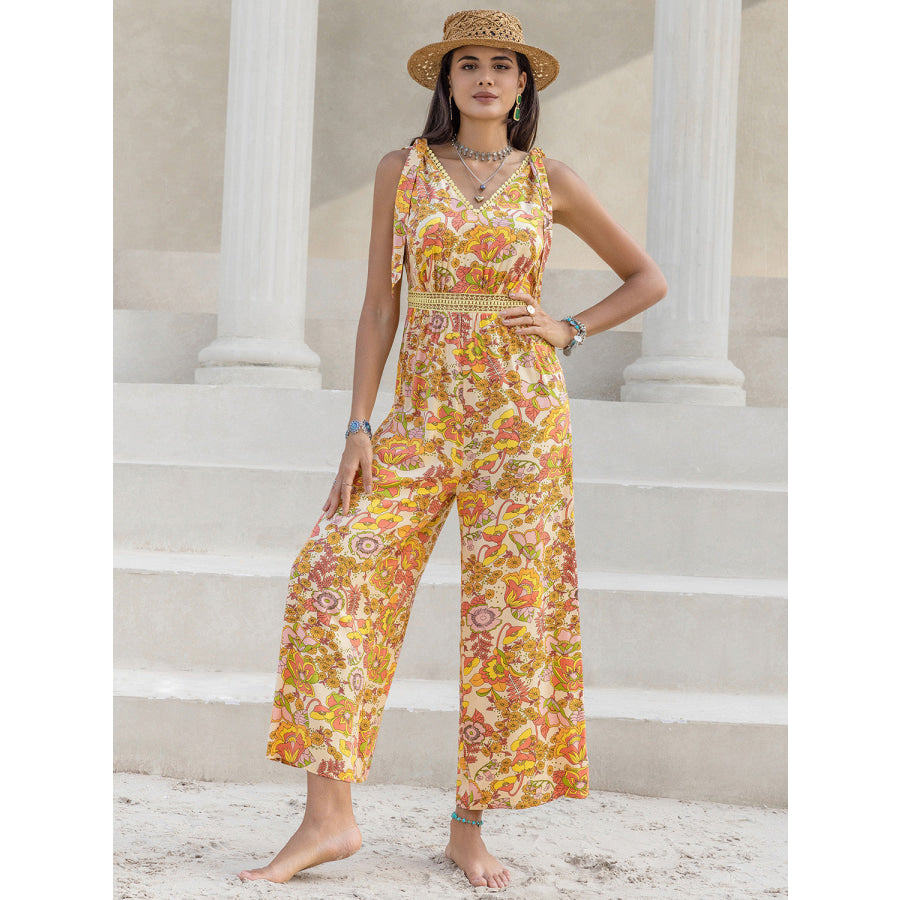 Printed V - Neck Tie Shoulder Jumpsuit Multicolor / S Apparel and Accessories