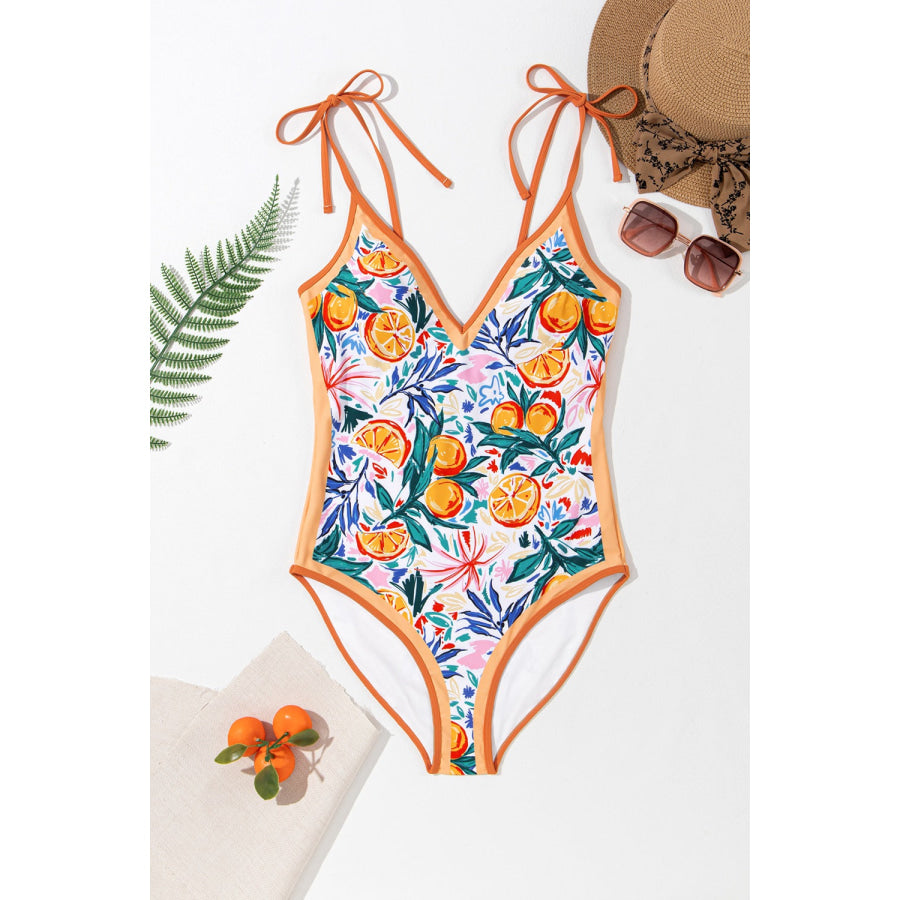 Printed V - Neck Tie Shoulder One - Piece Swimwear Apparel and Accessories