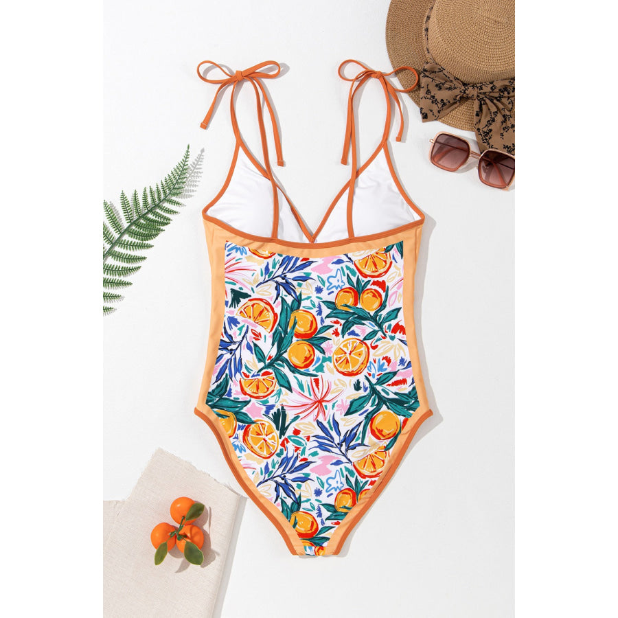 Printed V - Neck Tie Shoulder One - Piece Swimwear Apparel and Accessories