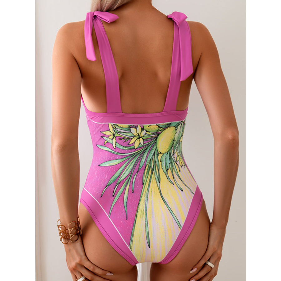 Printed V - Neck Tie Shoulder Swimwear and Skirt Set Apparel Accessories