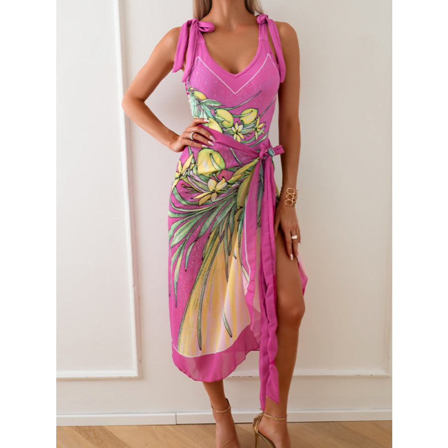 Printed V - Neck Tie Shoulder Swimwear and Skirt Set Deep Rose / S Apparel Accessories