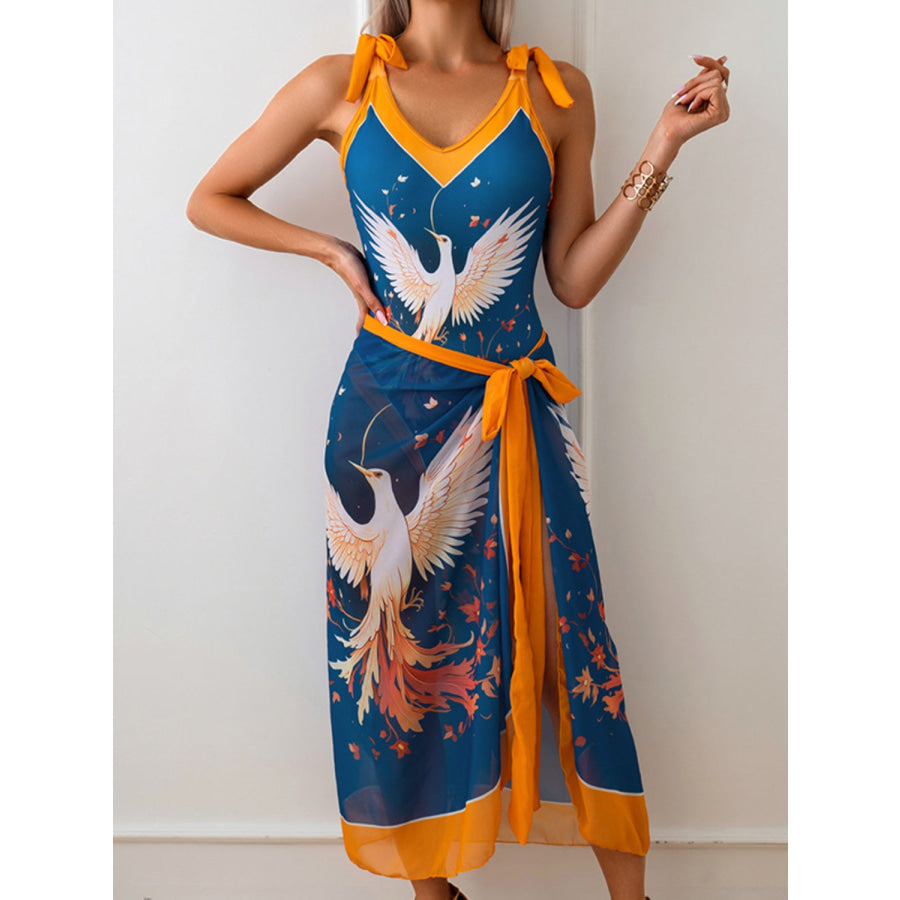 Printed V - Neck Tie Shoulder Swimwear and Skirt Set Peacock Blue / S Apparel Accessories