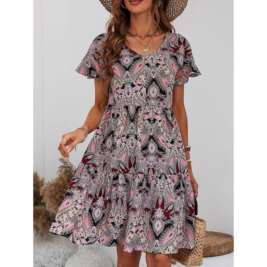 Printed V-Neck Tiered Dress Carnation Pink / S