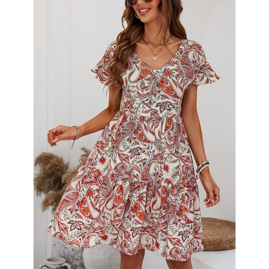 Printed V-Neck Tiered Dress Cream/Orange / S