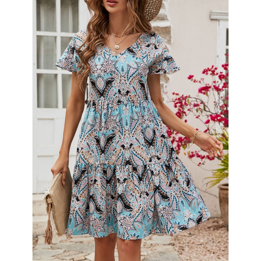 Printed V-Neck Tiered Dress Mint Blue / S