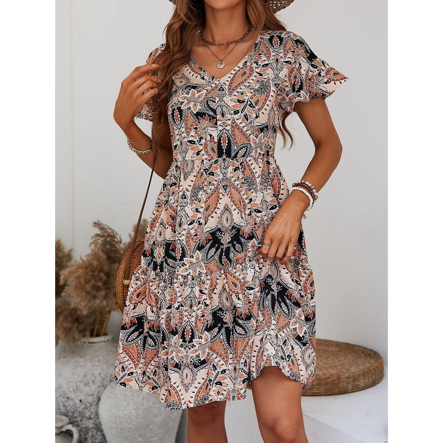 Printed V-Neck Tiered Dress