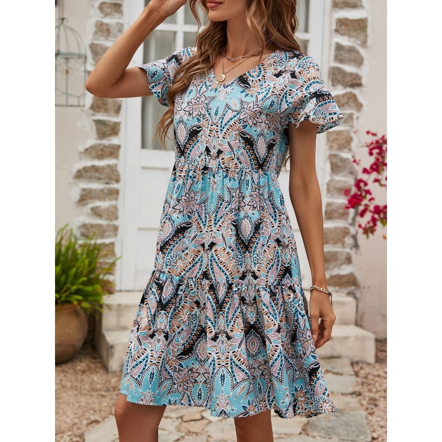 Printed V-Neck Tiered Dress