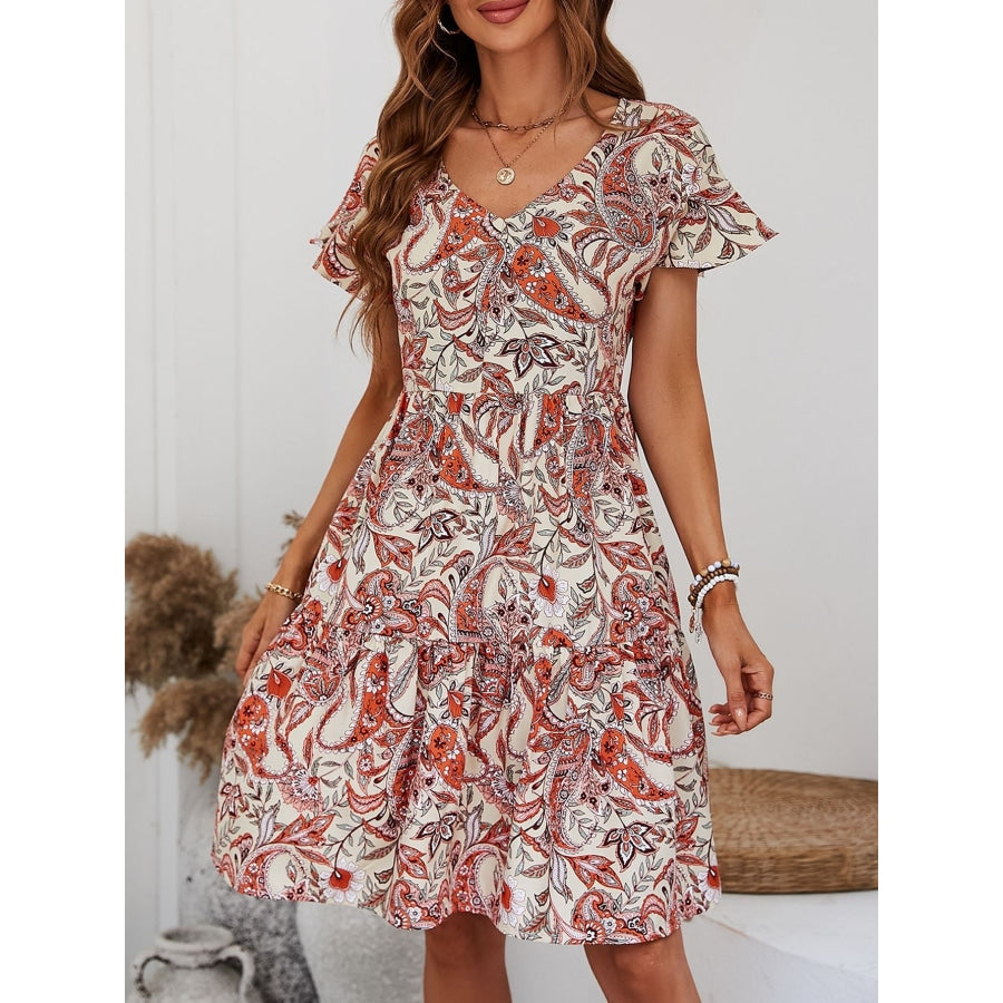 Printed V-Neck Tiered Dress