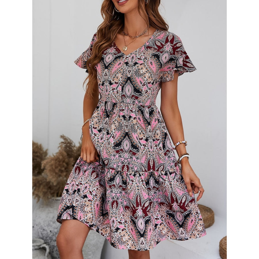 Printed V-Neck Tiered Dress