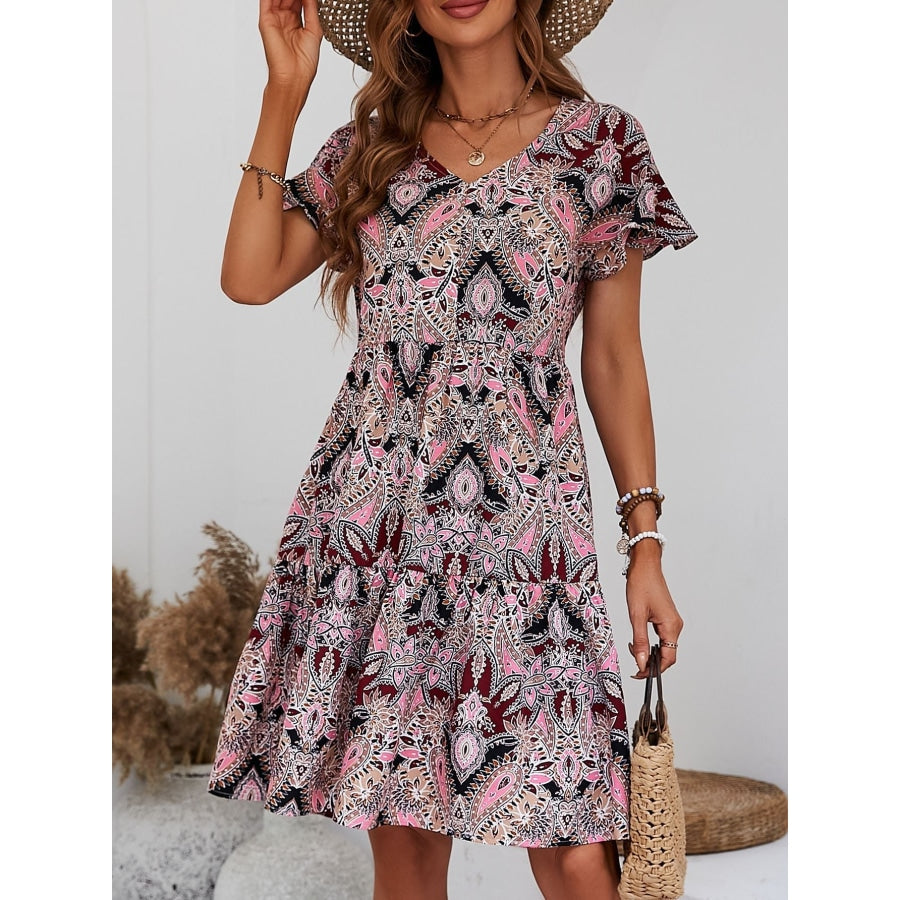 Printed V-Neck Tiered Dress