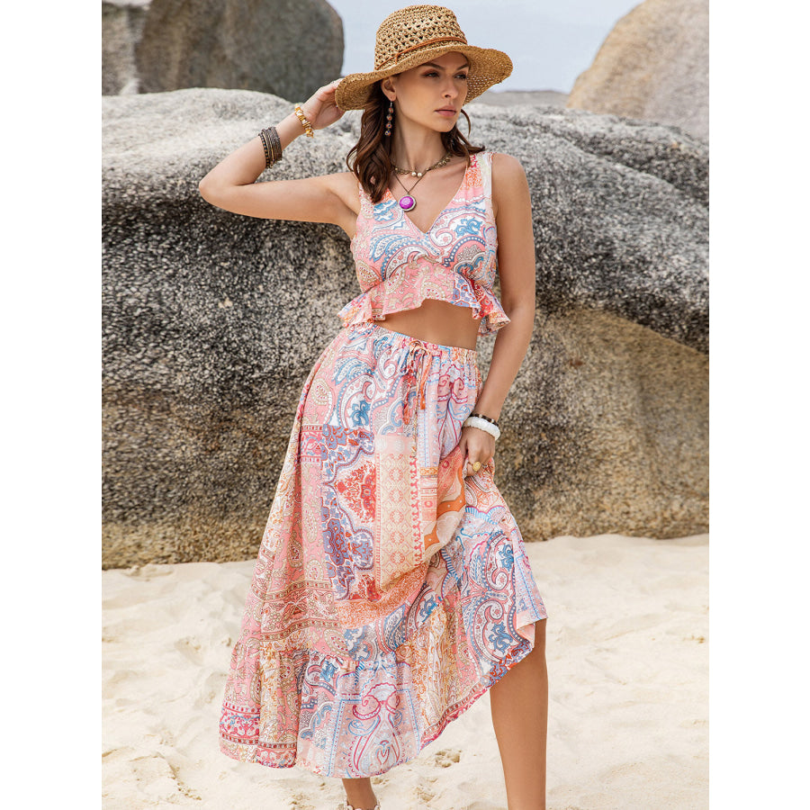 Printed V-Neck Top and Midi Skirt Set Apparel and Accessories