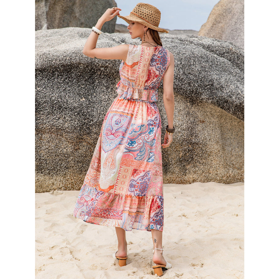 Printed V-Neck Top and Midi Skirt Set Apparel and Accessories