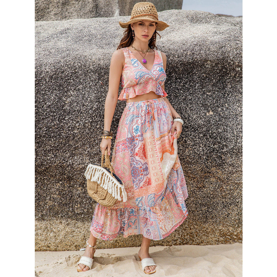 Printed V-Neck Top and Midi Skirt Set Apparel and Accessories