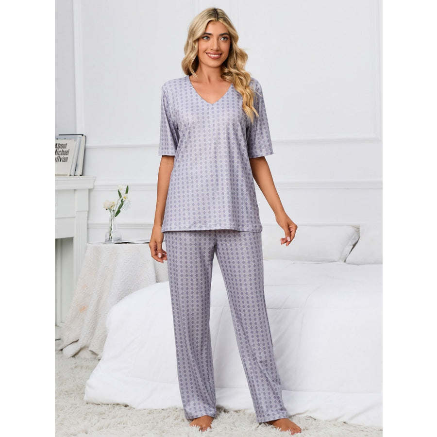 Printed V-Neck Top and Pants Lounge Set Apparel and Accessories