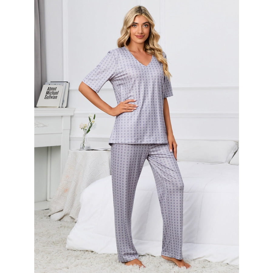 Printed V-Neck Top and Pants Lounge Set Apparel and Accessories