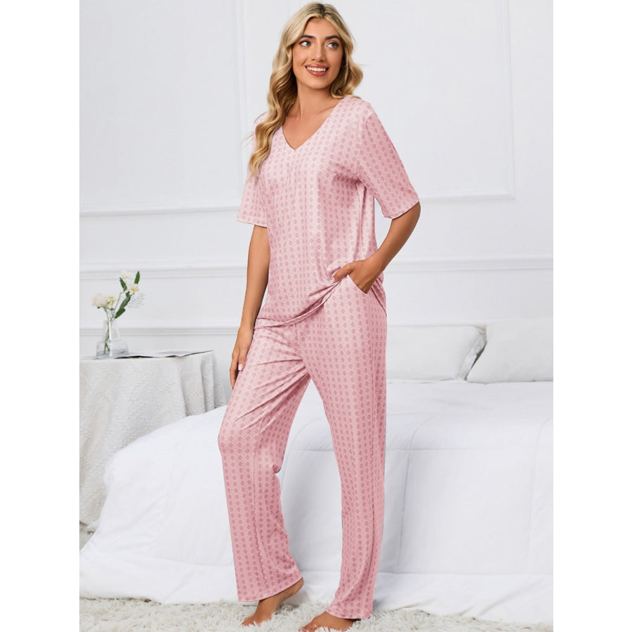 Printed V-Neck Top and Pants Lounge Set Apparel and Accessories