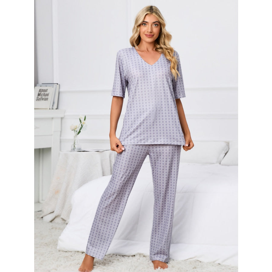 Printed V-Neck Top and Pants Lounge Set Cloudy Blue / S Apparel and Accessories