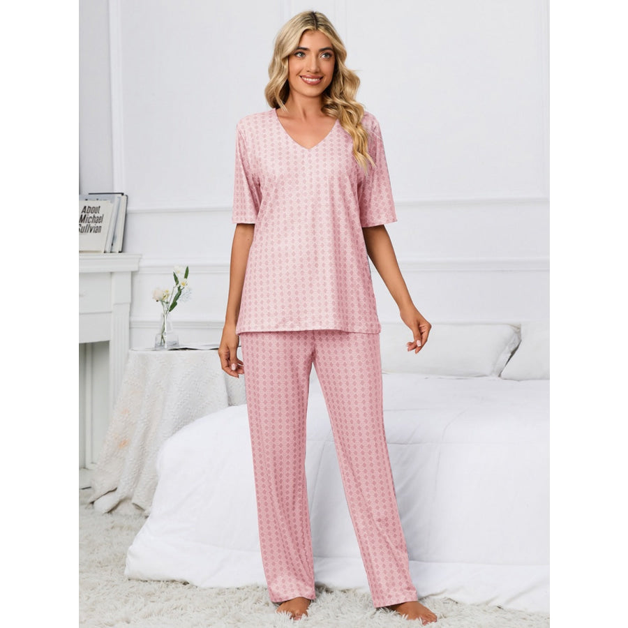 Printed V-Neck Top and Pants Lounge Set Dusty Pink / S Apparel and Accessories