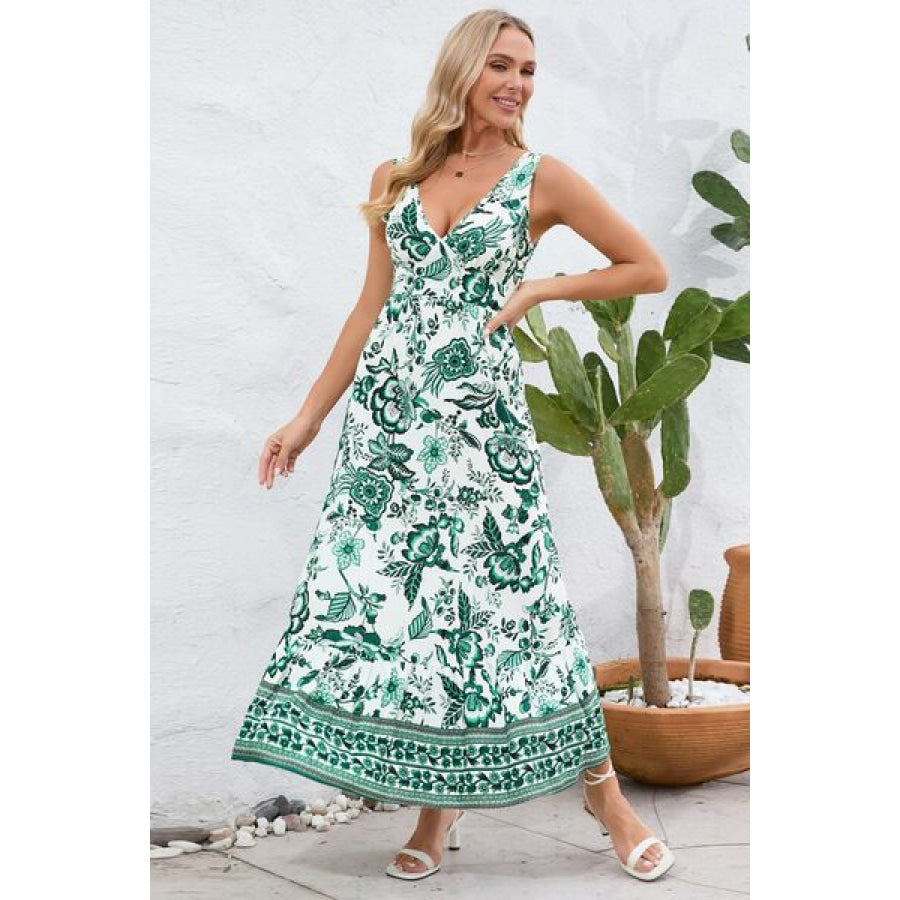 Printed V - Neck Wide Strap Dress Apparel and Accessories