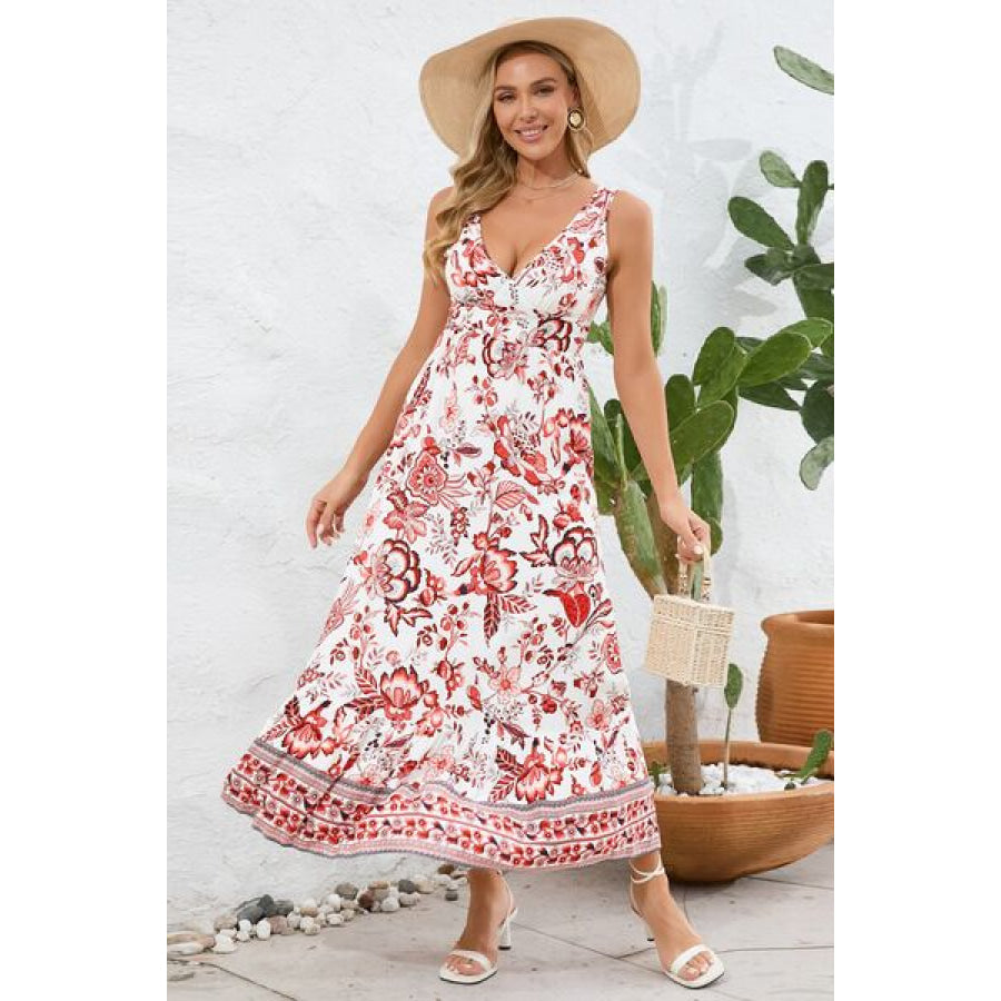 Printed V - Neck Wide Strap Dress Apparel and Accessories