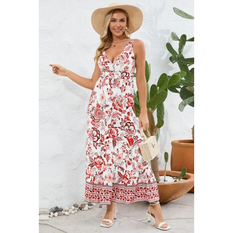 Printed V - Neck Wide Strap Dress Apparel and Accessories