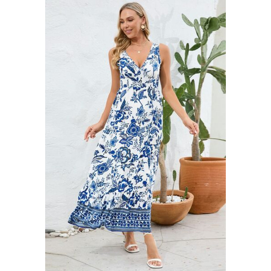 Printed V - Neck Wide Strap Dress Apparel and Accessories