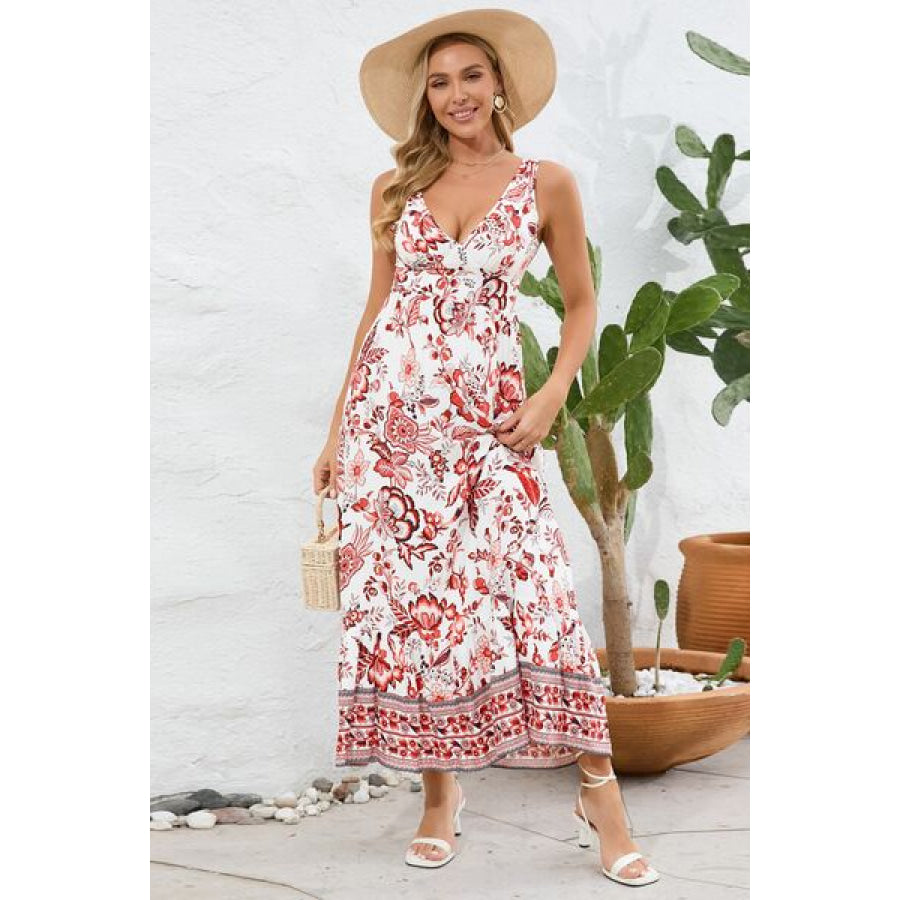 Printed V - Neck Wide Strap Dress Brick Red / S Apparel and Accessories