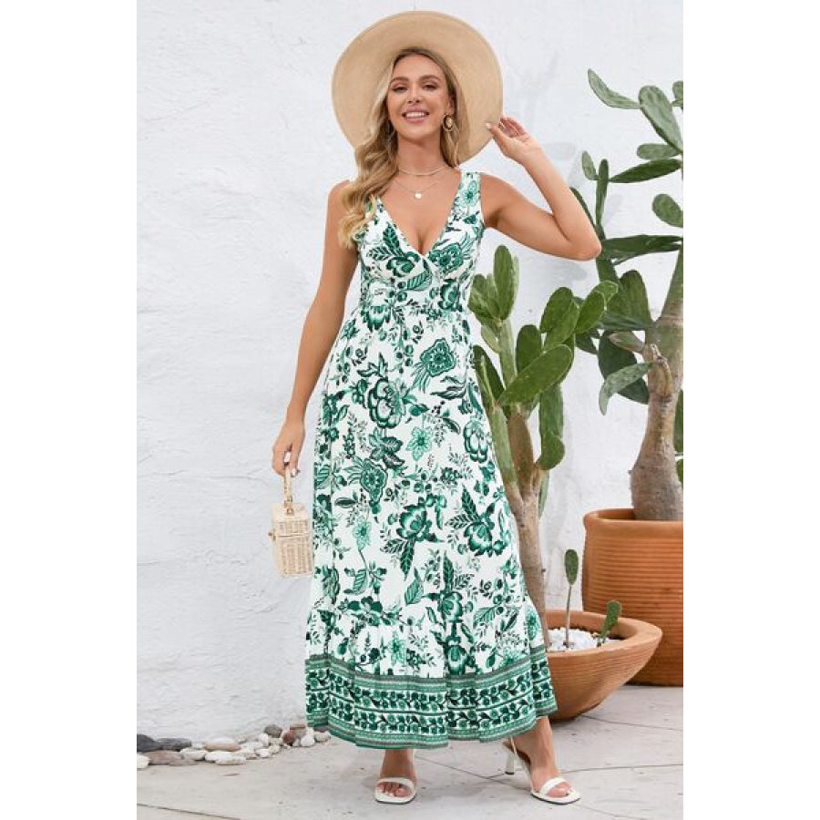 Printed V - Neck Wide Strap Dress Green / S Apparel and Accessories