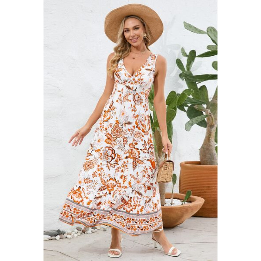 Printed V - Neck Wide Strap Dress Orange / S Apparel and Accessories