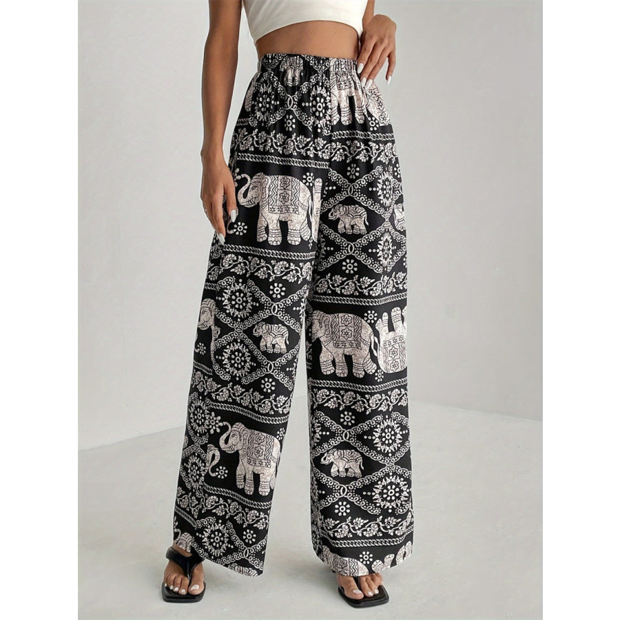 Printed Wide Leg Elastic Waist Pants Apparel and Accessories