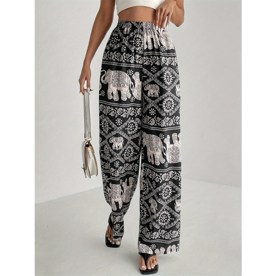 Printed Wide Leg Elastic Waist Pants Apparel and Accessories