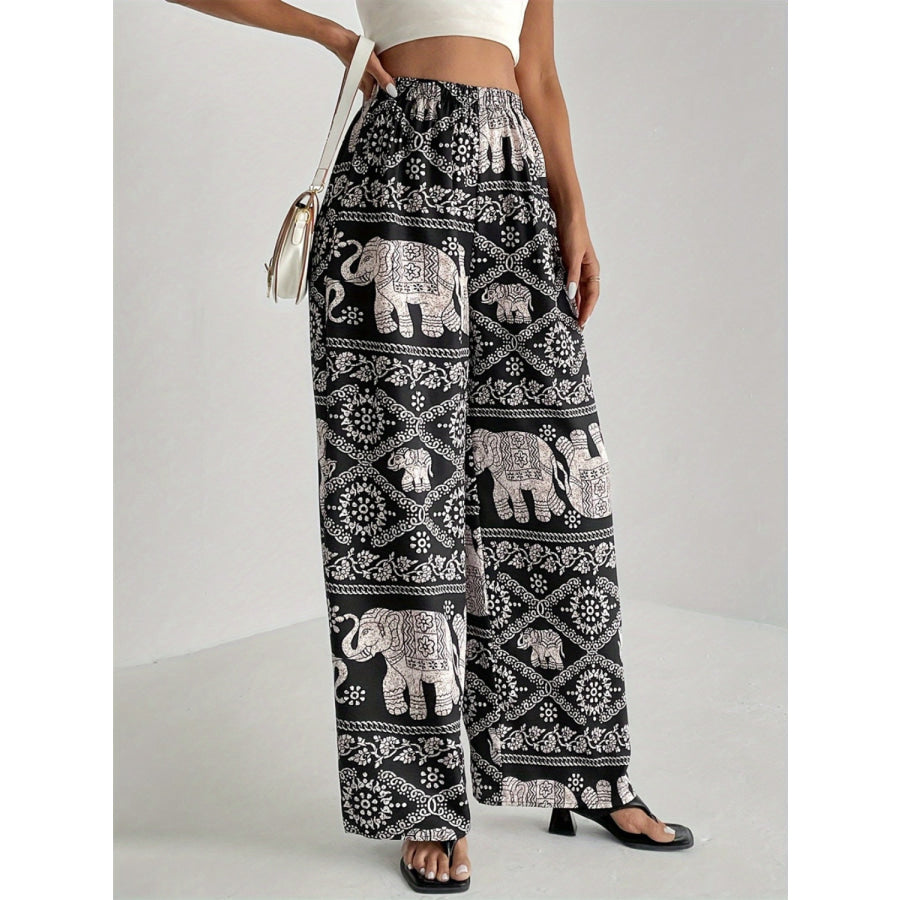 Printed Wide Leg Elastic Waist Pants Apparel and Accessories