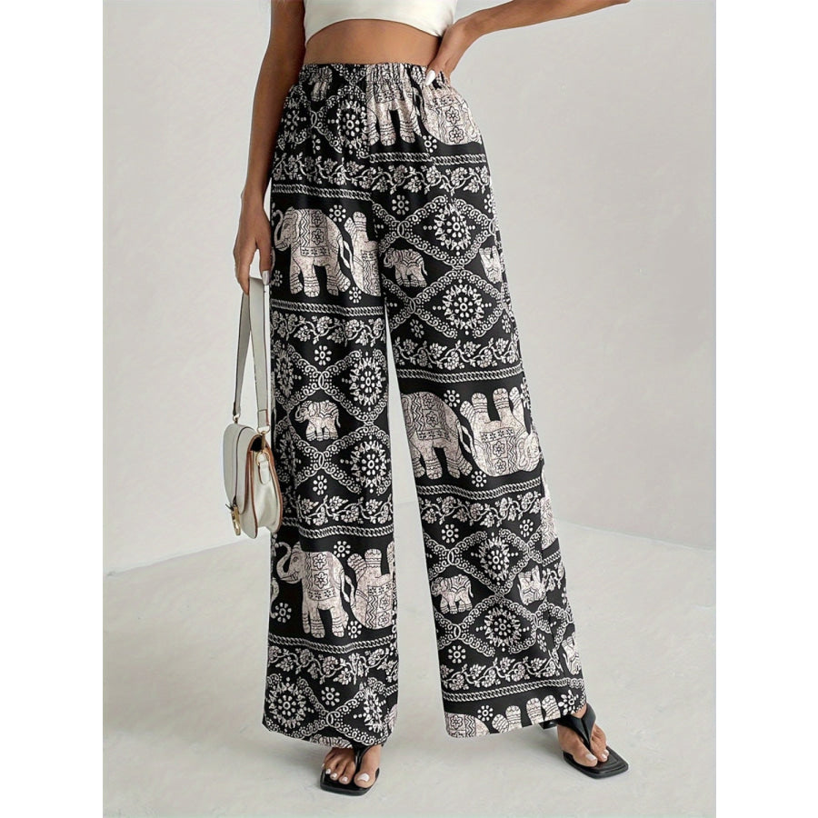 Printed Wide Leg Elastic Waist Pants Black / S Apparel and Accessories