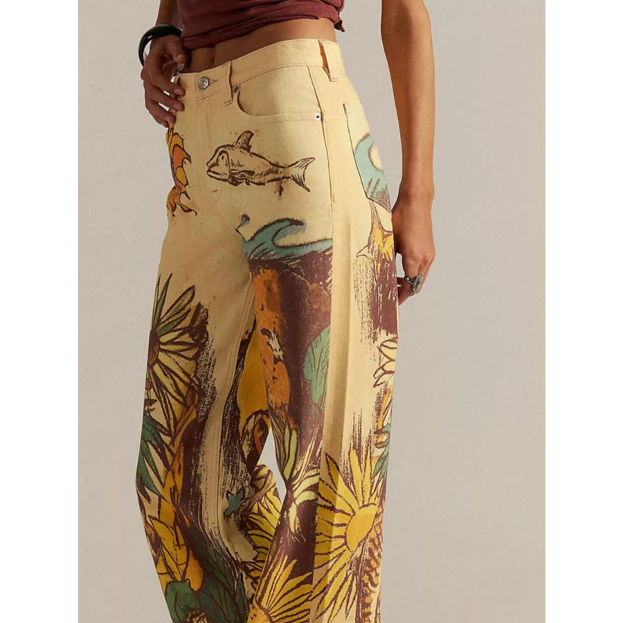Printed Wide Leg Jeans Apparel and Accessories