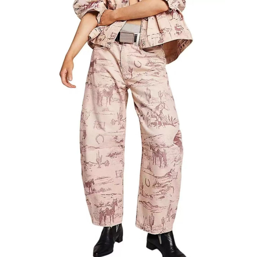 Printed Wide-Leg Jeans Blush Pink / S Apparel and Accessories