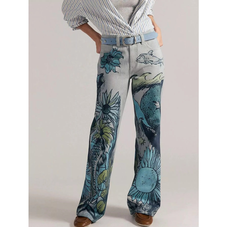 Printed Wide Leg Jeans Malachite Green / S Apparel and Accessories