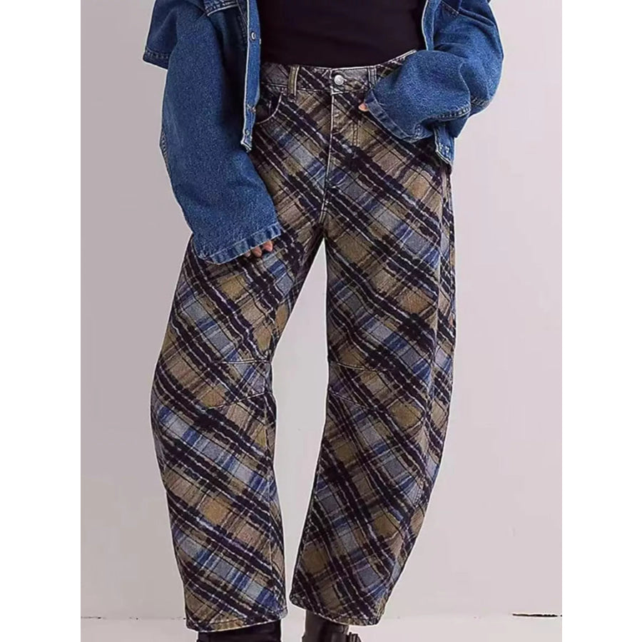 Printed Wide-Leg Jeans Plaid / S Apparel and Accessories