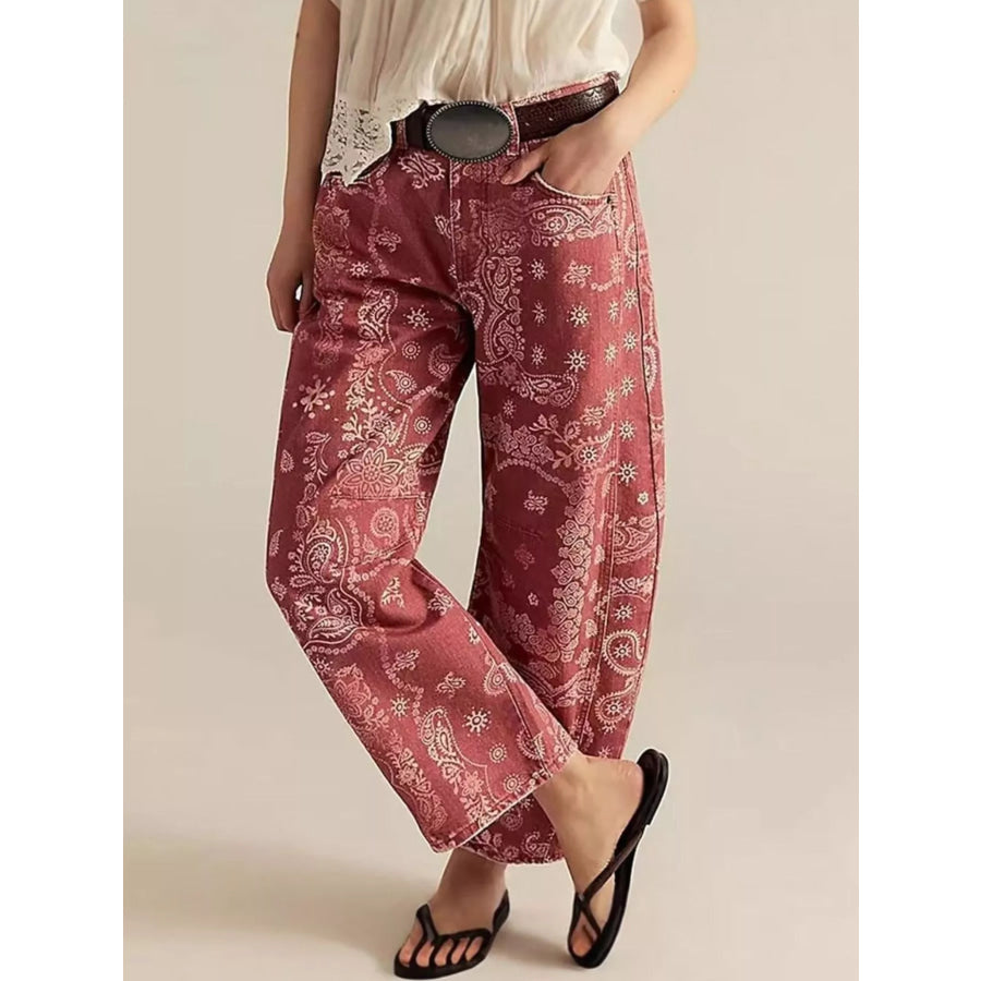 Printed Wide-Leg Jeans Red / S Apparel and Accessories