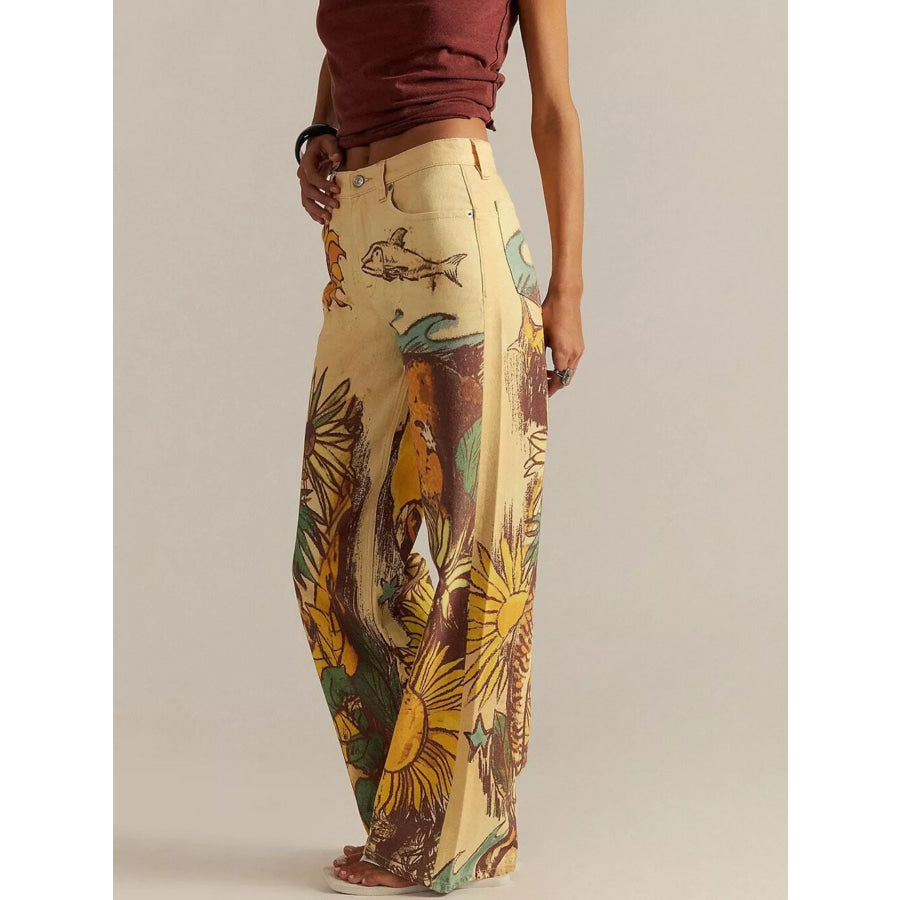 Printed Wide Leg Jeans Sunflower Color / S Apparel and Accessories